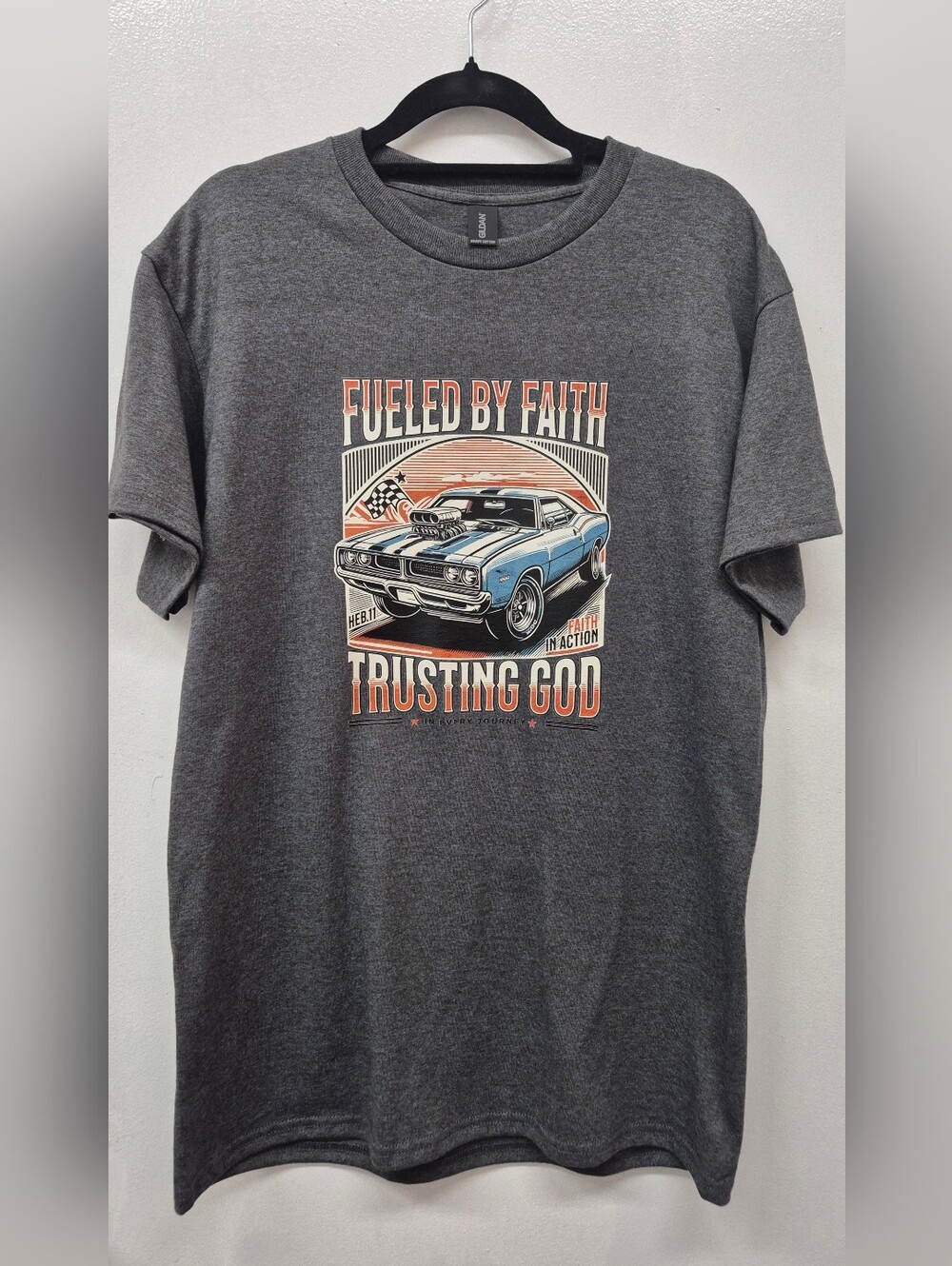 Charcoal grey Fueled By Faith 'Trusting God' Custom Car Graphic Tee T-shirt